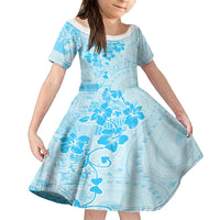 Fiji Masi With Hibiscus Tapa Tribal Family Matching Long Sleeve Bodycon Dress and Hawaiian Shirt Sky Blue Pastel LT01 Daughter's Dress Blue - Polynesian Pride