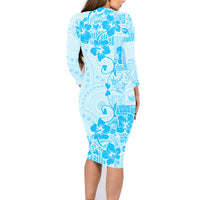Fiji Masi With Hibiscus Tapa Tribal Family Matching Long Sleeve Bodycon Dress and Hawaiian Shirt Sky Blue Pastel LT01 - Polynesian Pride