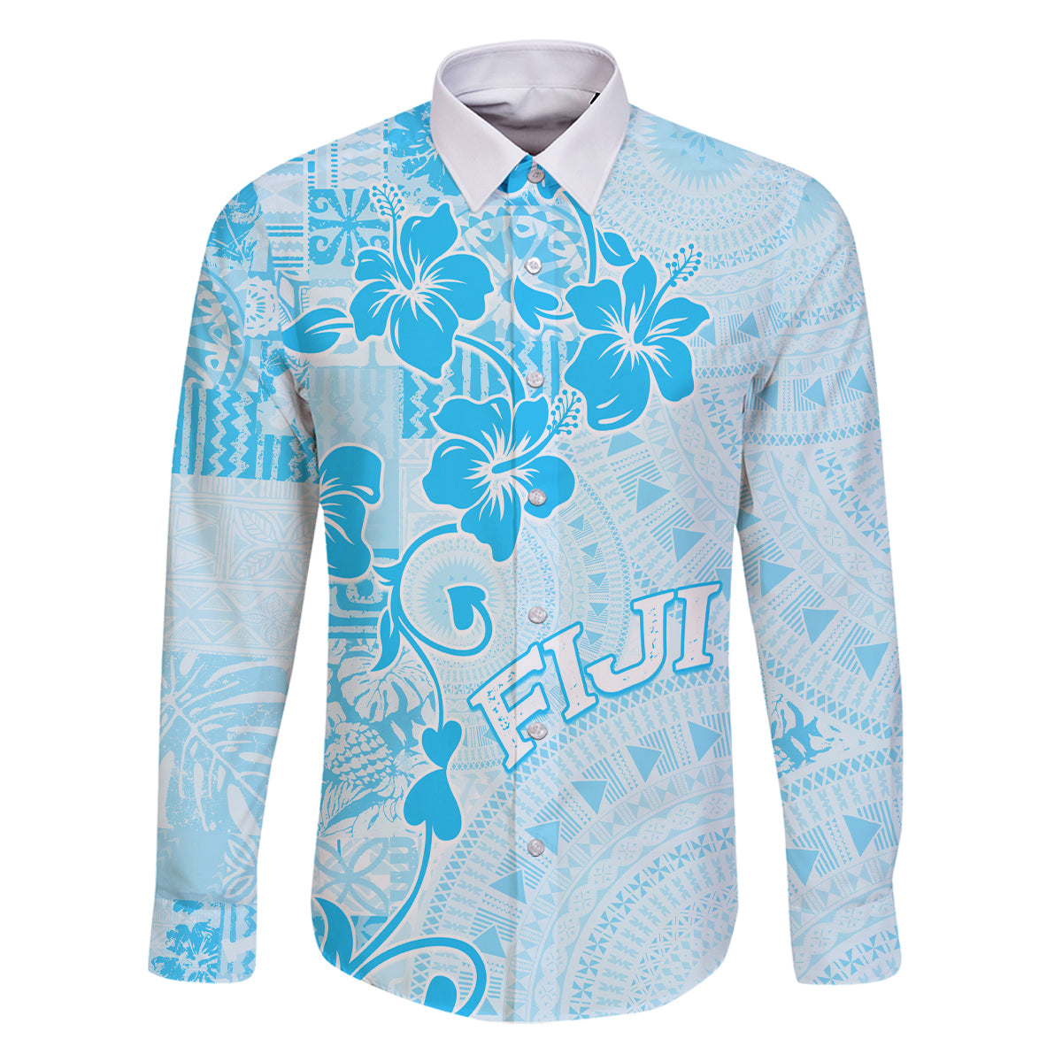 Fiji Masi With Hibiscus Tapa Tribal Family Matching Off Shoulder Long Sleeve Dress and Hawaiian Shirt Sky Blue Pastel LT01 Dad's Shirt - Long Sleeve Blue - Polynesian Pride