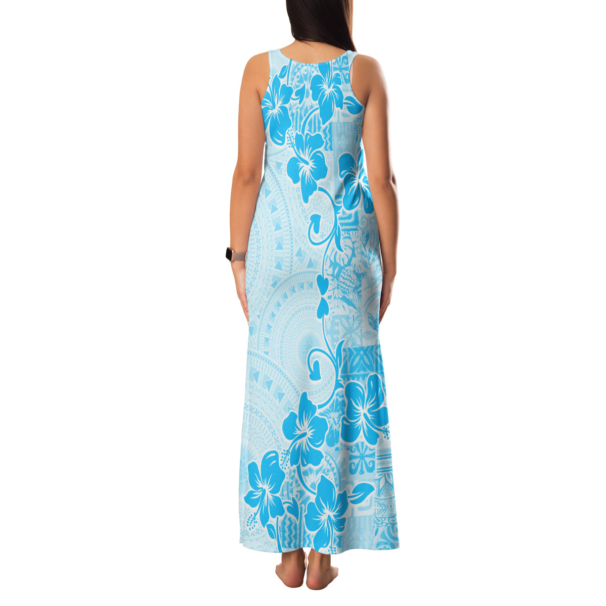 Fiji Masi With Hibiscus Tapa Tribal Family Matching Tank Maxi Dress and Hawaiian Shirt Sky Blue Pastel LT01 - Polynesian Pride