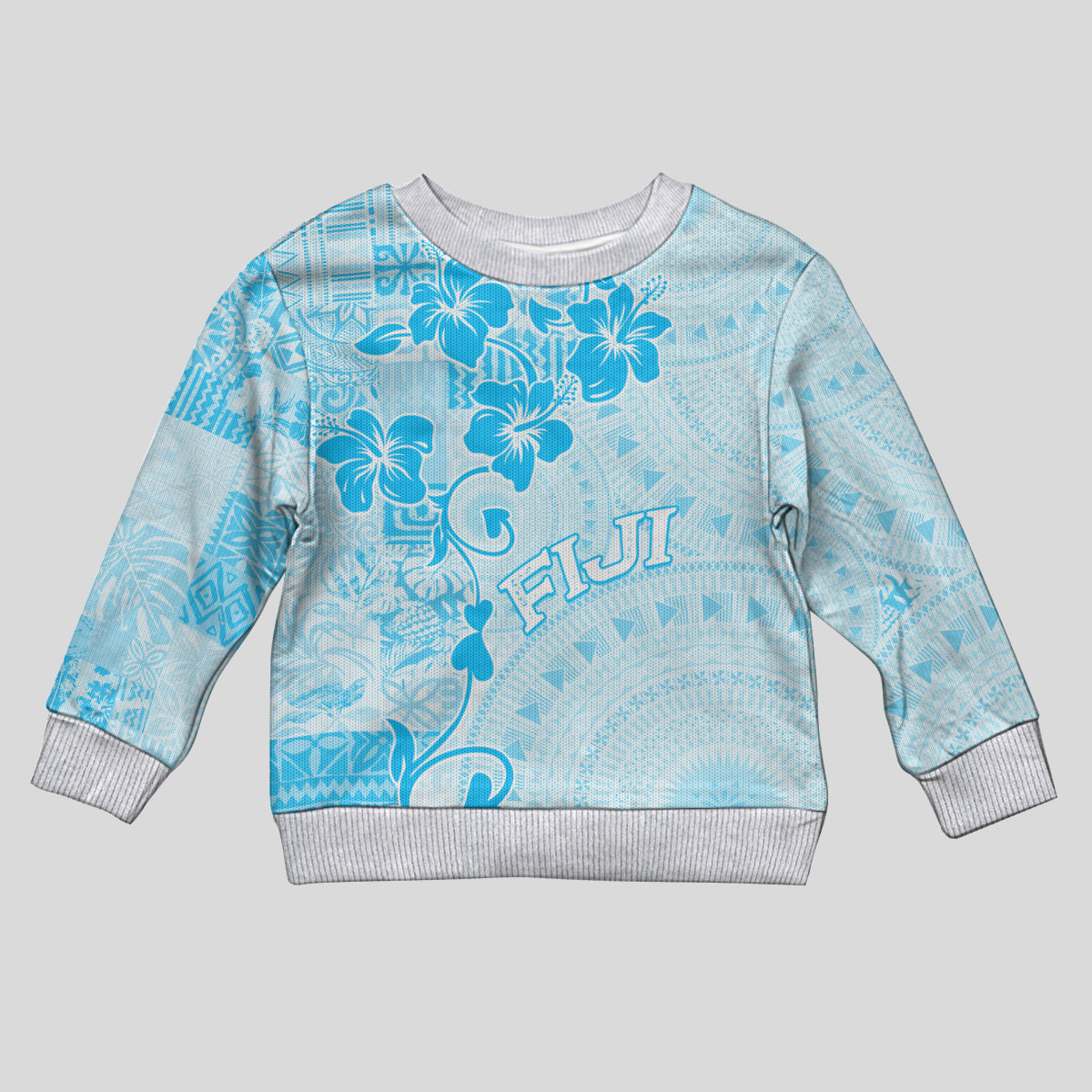 Fiji Masi With Hibiscus Tapa Tribal Kid Ugly Christmas Sweater Sky Blue Pastel LT01 Kid Blue - Polynesian Pride