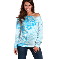 Fiji Masi With Hibiscus Tapa Tribal Off Shoulder Sweater Sky Blue Pastel LT01 Women Blue - Polynesian Pride