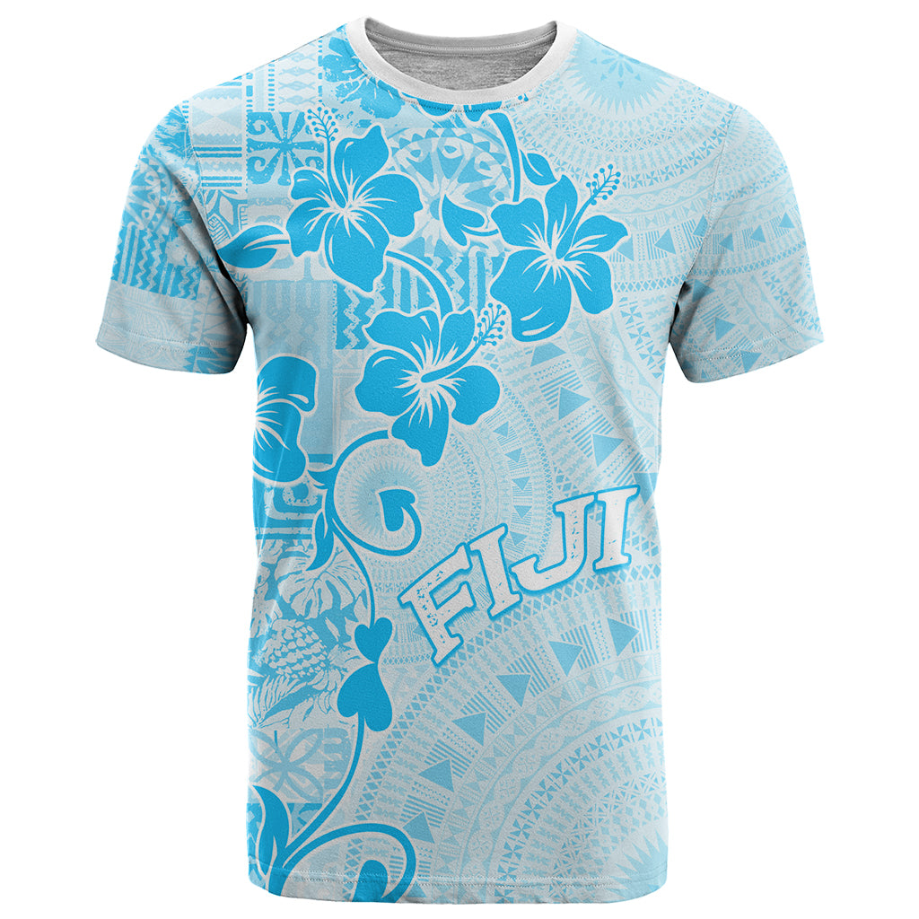 Fiji Masi With Hibiscus Tapa Tribal T Shirt Sky Blue Pastel LT01 Blue - Polynesian Pride