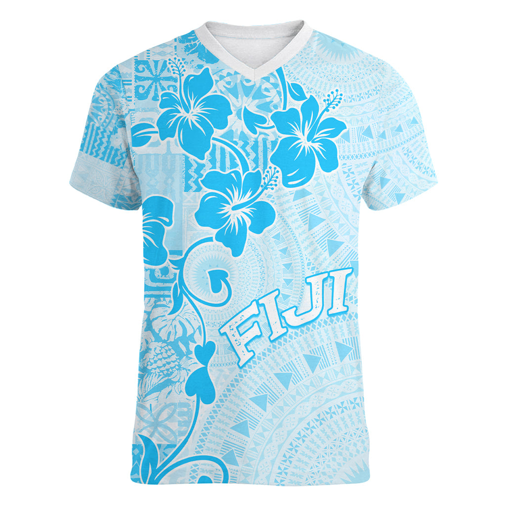 Fiji Masi With Hibiscus Tapa Tribal Women V Neck T Shirt Sky Blue Pastel LT01 Female Blue - Polynesian Pride
