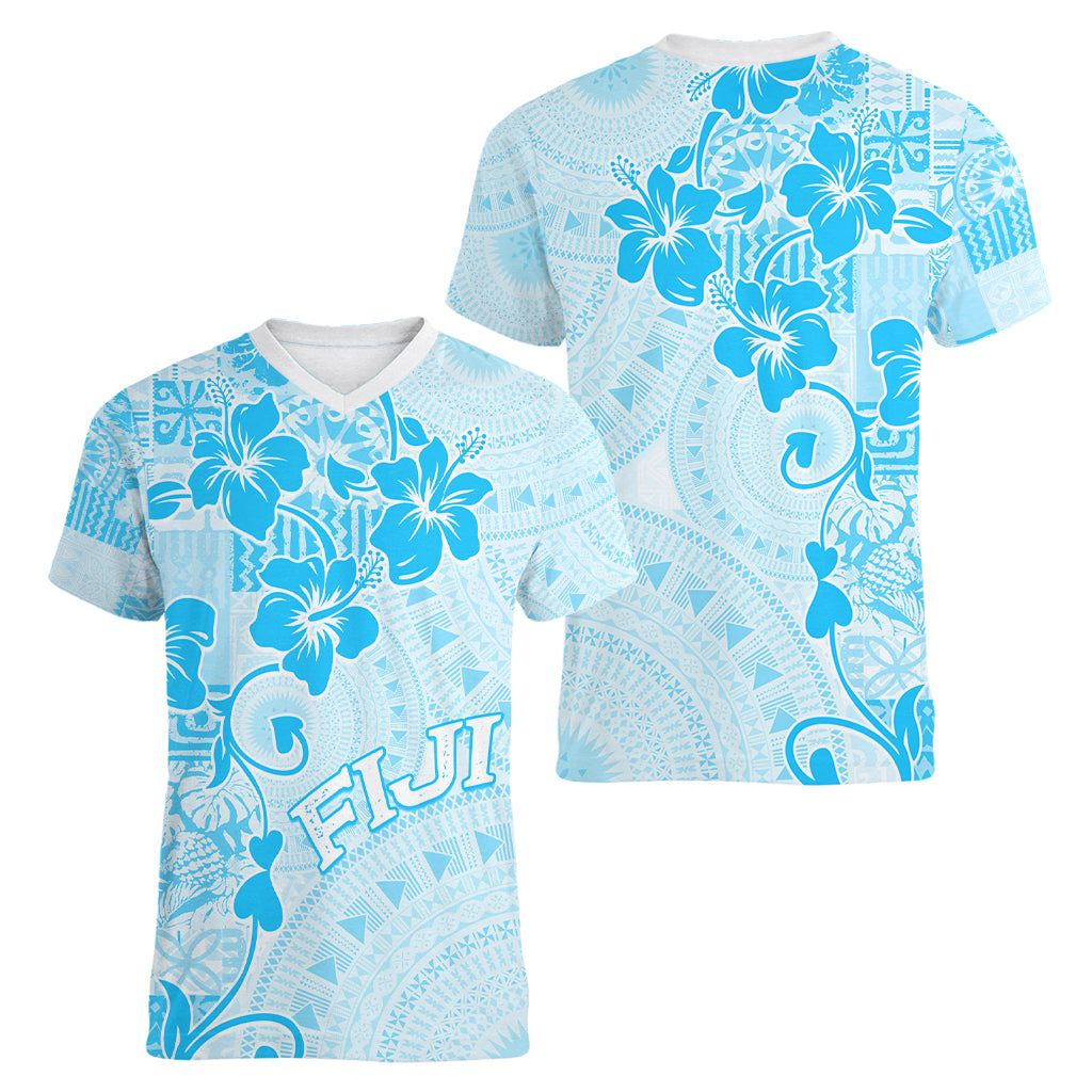 Fiji Masi With Hibiscus Tapa Tribal Women V Neck T Shirt Sky Blue Pastel LT01 - Polynesian Pride
