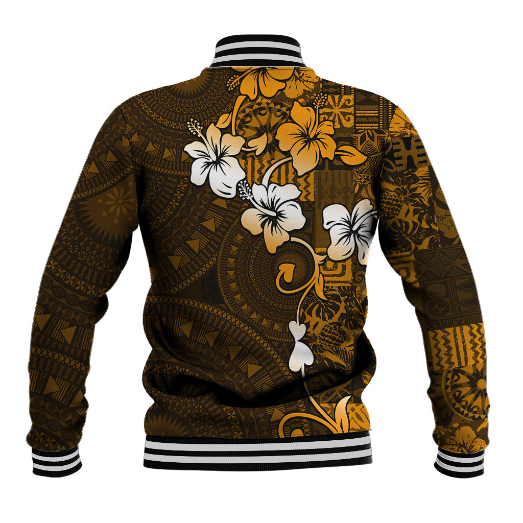 Fiji Masi With Hibiscus Tapa Tribal Baseball Jacket Gold Version LT01 - Polynesian Pride
