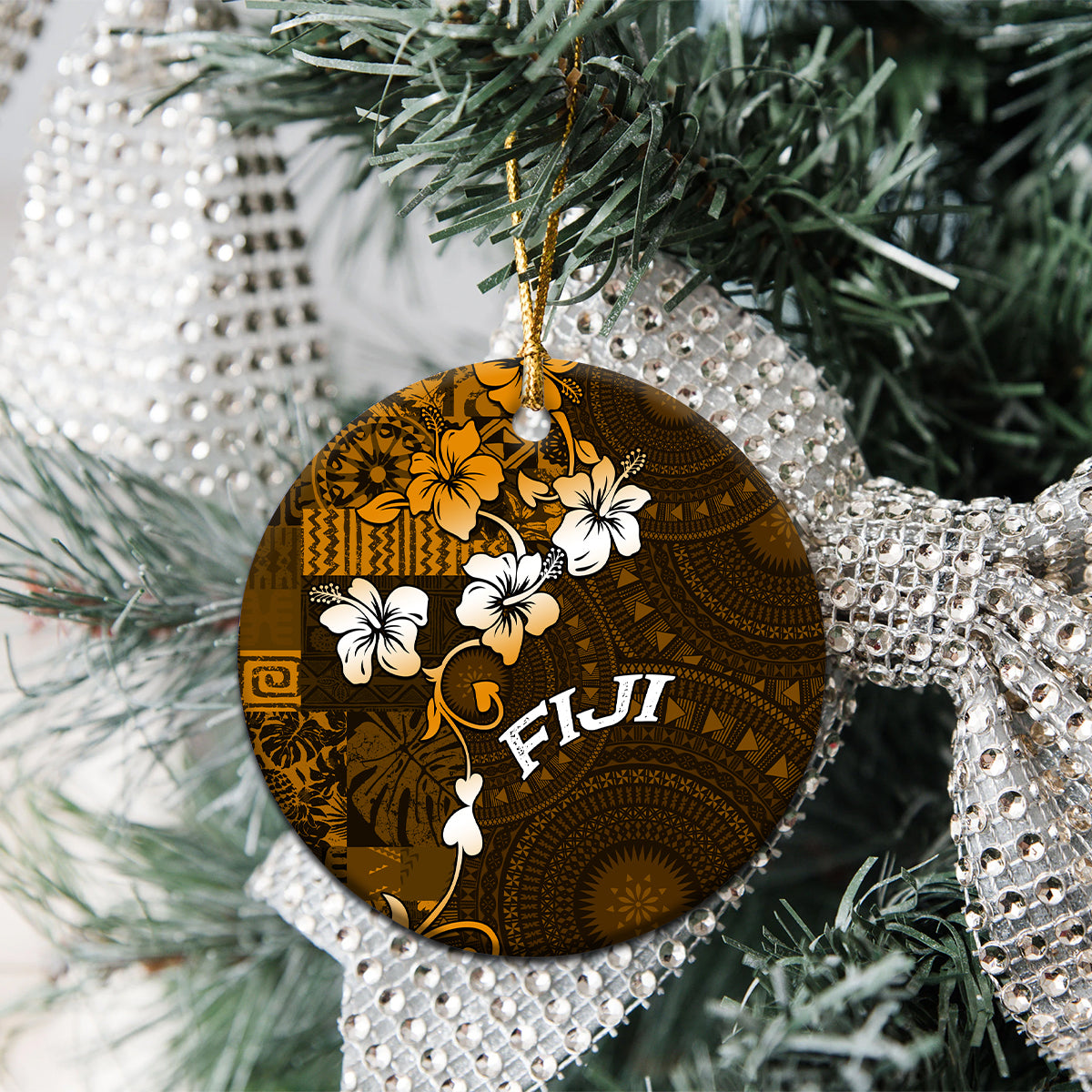 Fiji Masi With Hibiscus Tapa Tribal Ceramic Ornament Gold Version LT01 - Polynesian Pride