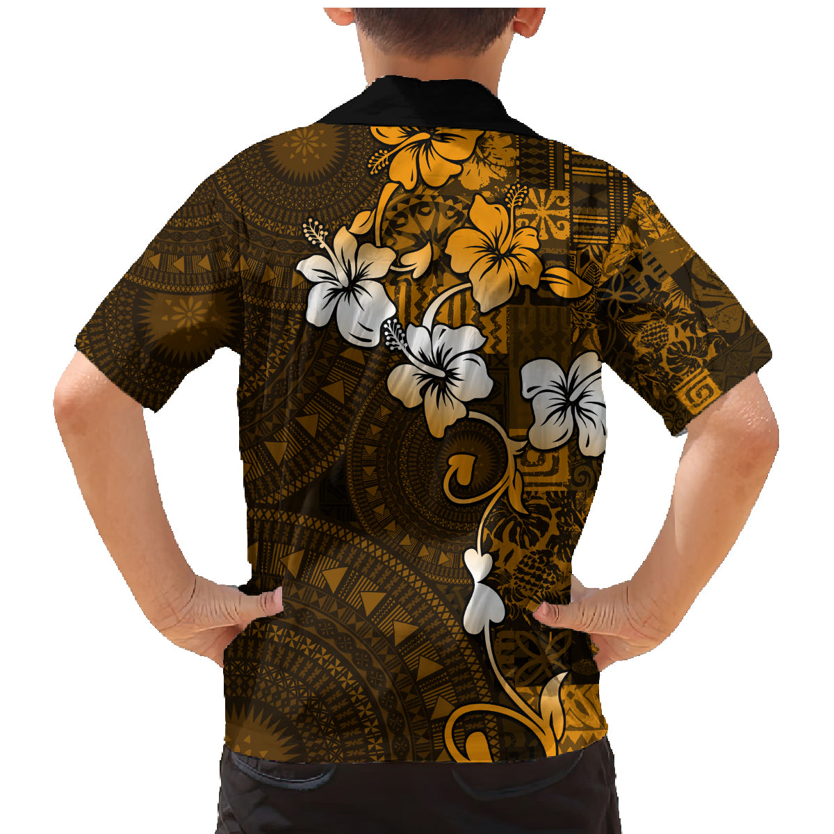 Fiji Masi With Hibiscus Tapa Tribal Family Matching Mermaid Dress and Hawaiian Shirt Gold Version LT01 - Polynesian Pride