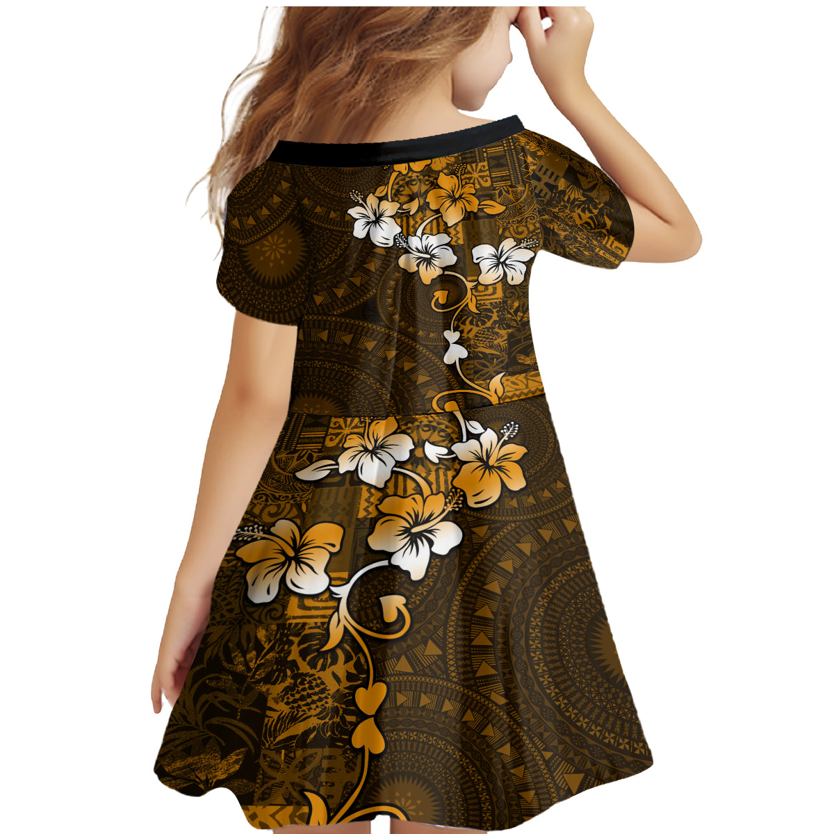 Fiji Masi With Hibiscus Tapa Tribal Family Matching Mermaid Dress and Hawaiian Shirt Gold Version LT01 - Polynesian Pride