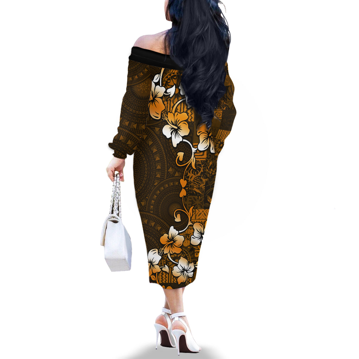 Fiji Masi With Hibiscus Tapa Tribal Family Matching Off Shoulder Long Sleeve Dress and Hawaiian Shirt Gold Version LT01 - Polynesian Pride