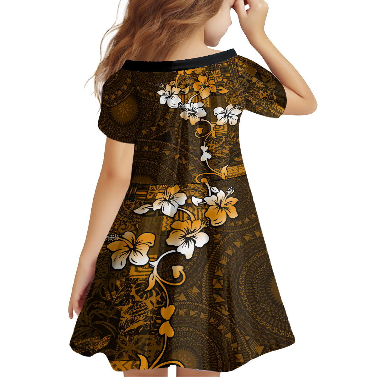 Fiji Masi With Hibiscus Tapa Tribal Family Matching Tank Maxi Dress and Hawaiian Shirt Gold Version LT01 - Polynesian Pride