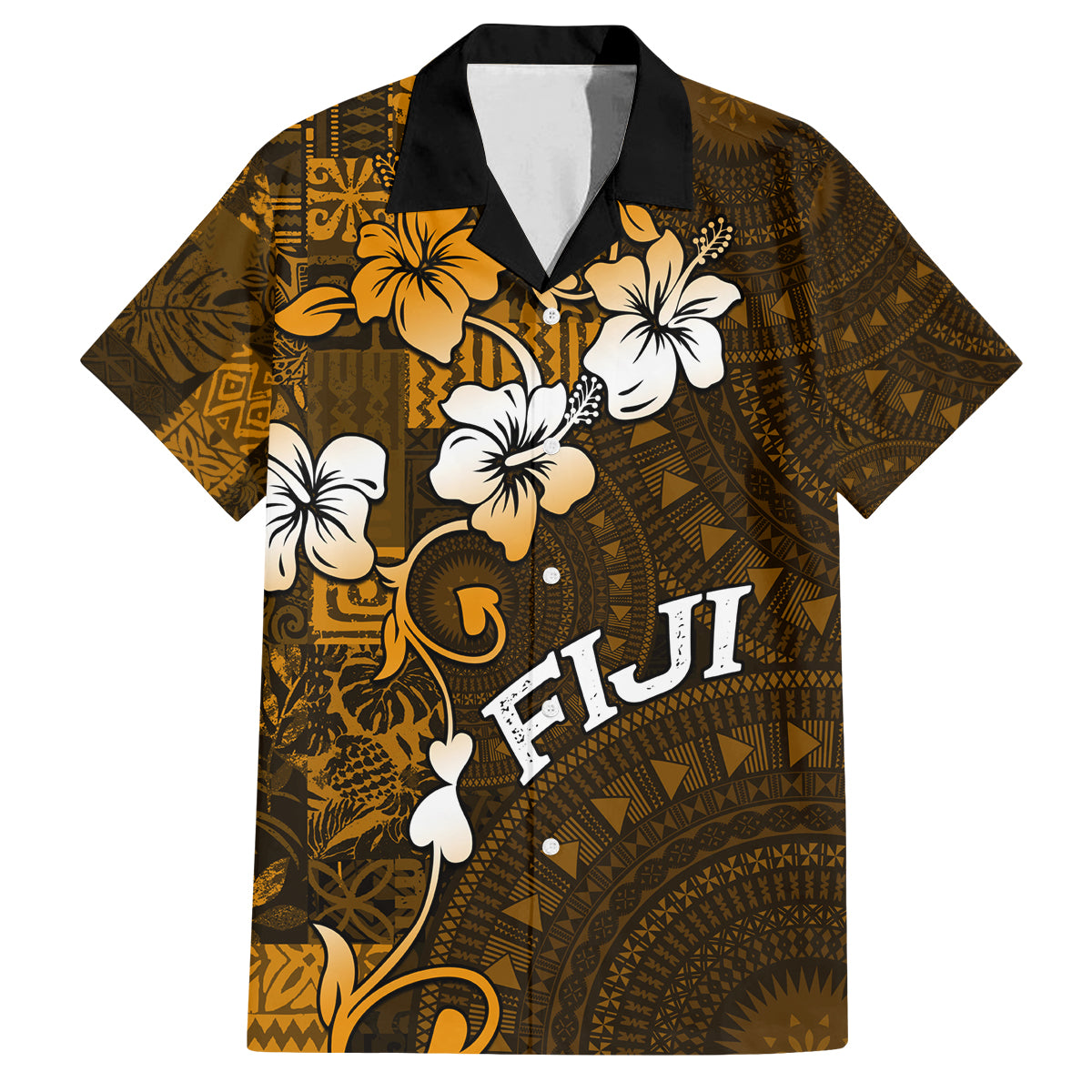 Fiji Masi With Hibiscus Tapa Tribal Family Matching Tank Maxi Dress and Hawaiian Shirt Gold Version LT01 Dad's Shirt - Short Sleeve Gold - Polynesian Pride