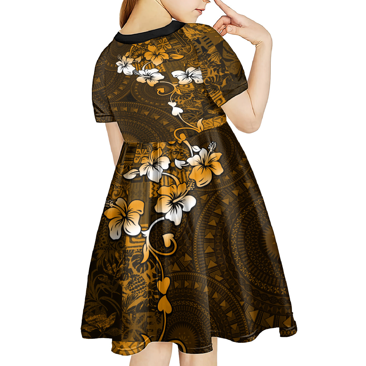 Fiji Masi With Hibiscus Tapa Tribal Kid Short Sleeve Dress Gold Version LT01 - Polynesian Pride