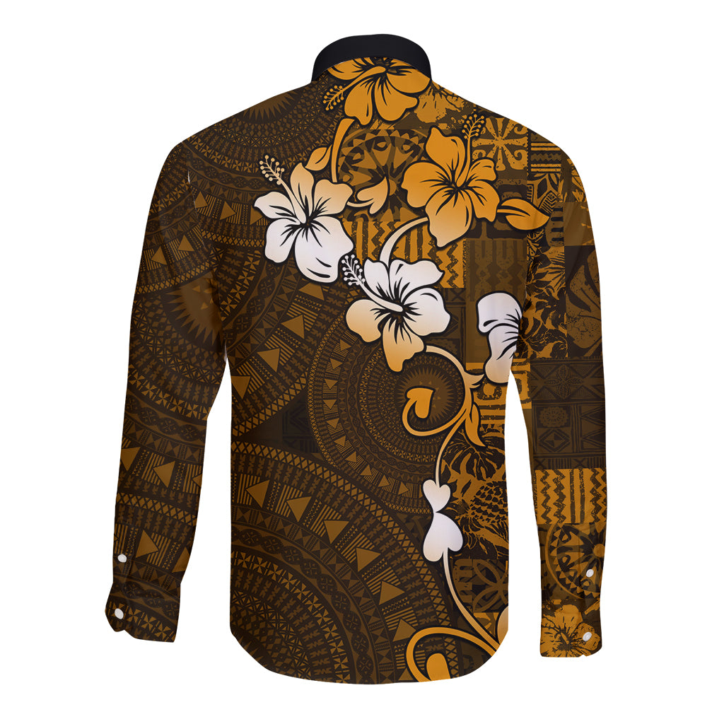 Fiji Masi With Hibiscus Tapa Tribal Long Sleeve Button Shirt Gold Version LT01 - Polynesian Pride