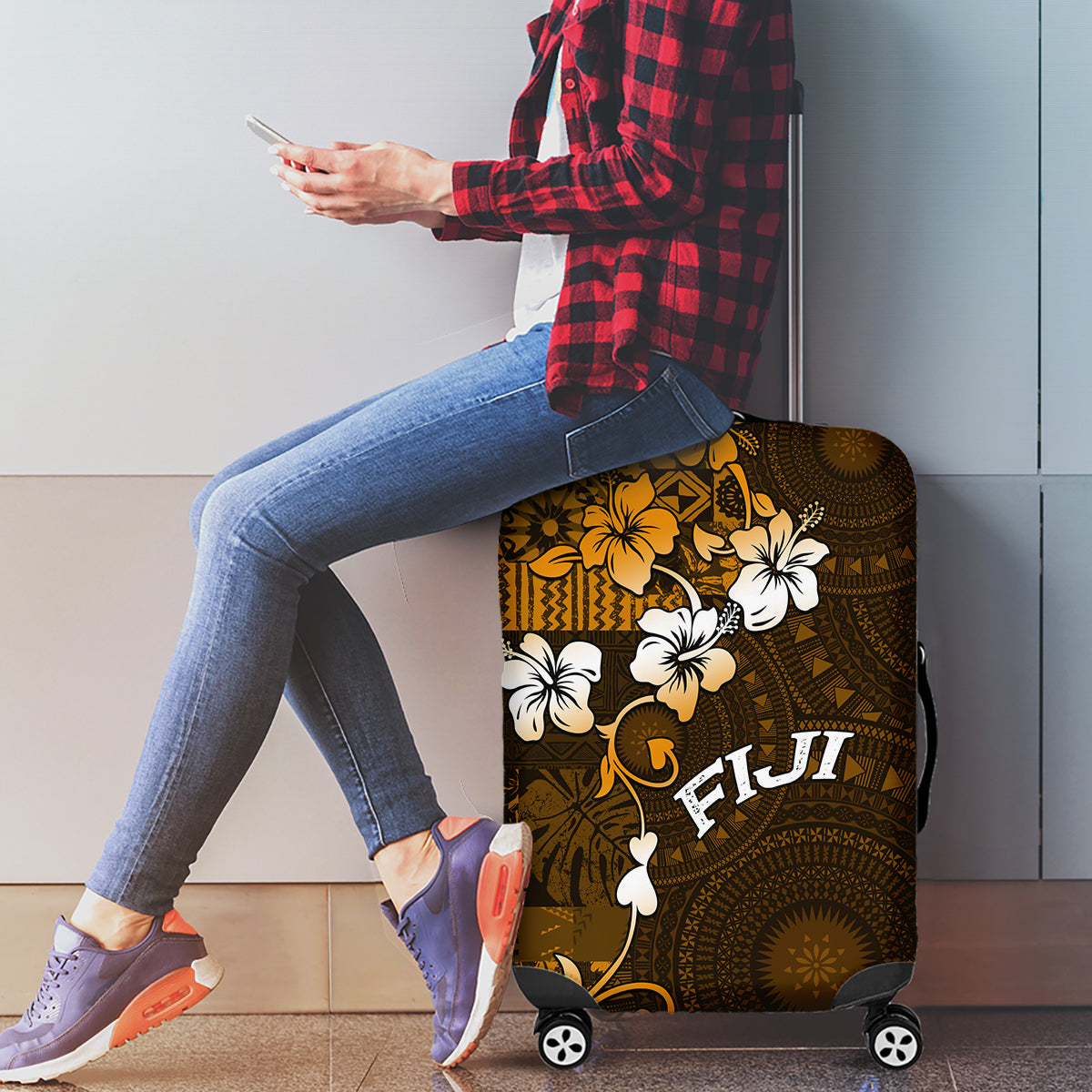 Fiji Masi With Hibiscus Tapa Tribal Luggage Cover Gold Version LT01 - Polynesian Pride