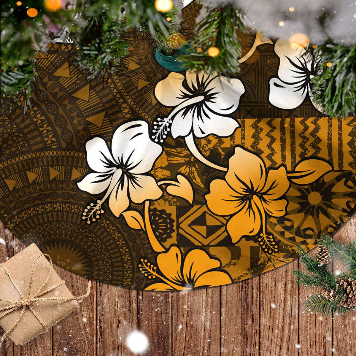 Fiji Masi With Hibiscus Tapa Tribal Tree Skirt Gold Version LT01 - Polynesian Pride