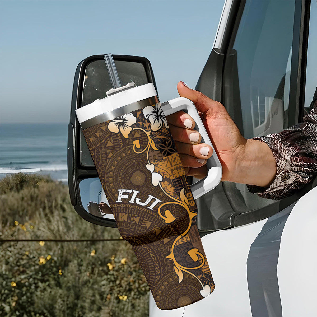 Fiji Masi Tumbler With Handle Fijian Hibiscus Tapa Gold Version