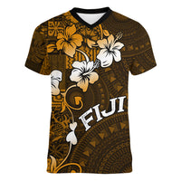 Fiji Masi With Hibiscus Tapa Tribal Women V Neck T Shirt Gold Version LT01 Female Gold - Polynesian Pride