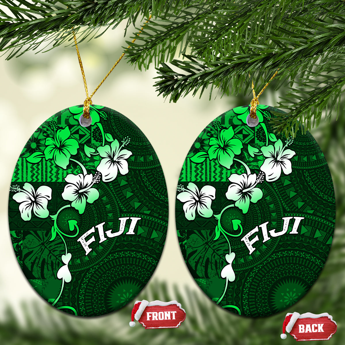 Fiji Masi Ceramic Ornament Fijian Hibiscus Tapa Green Version LT01 Oval Green - Polynesian Pride