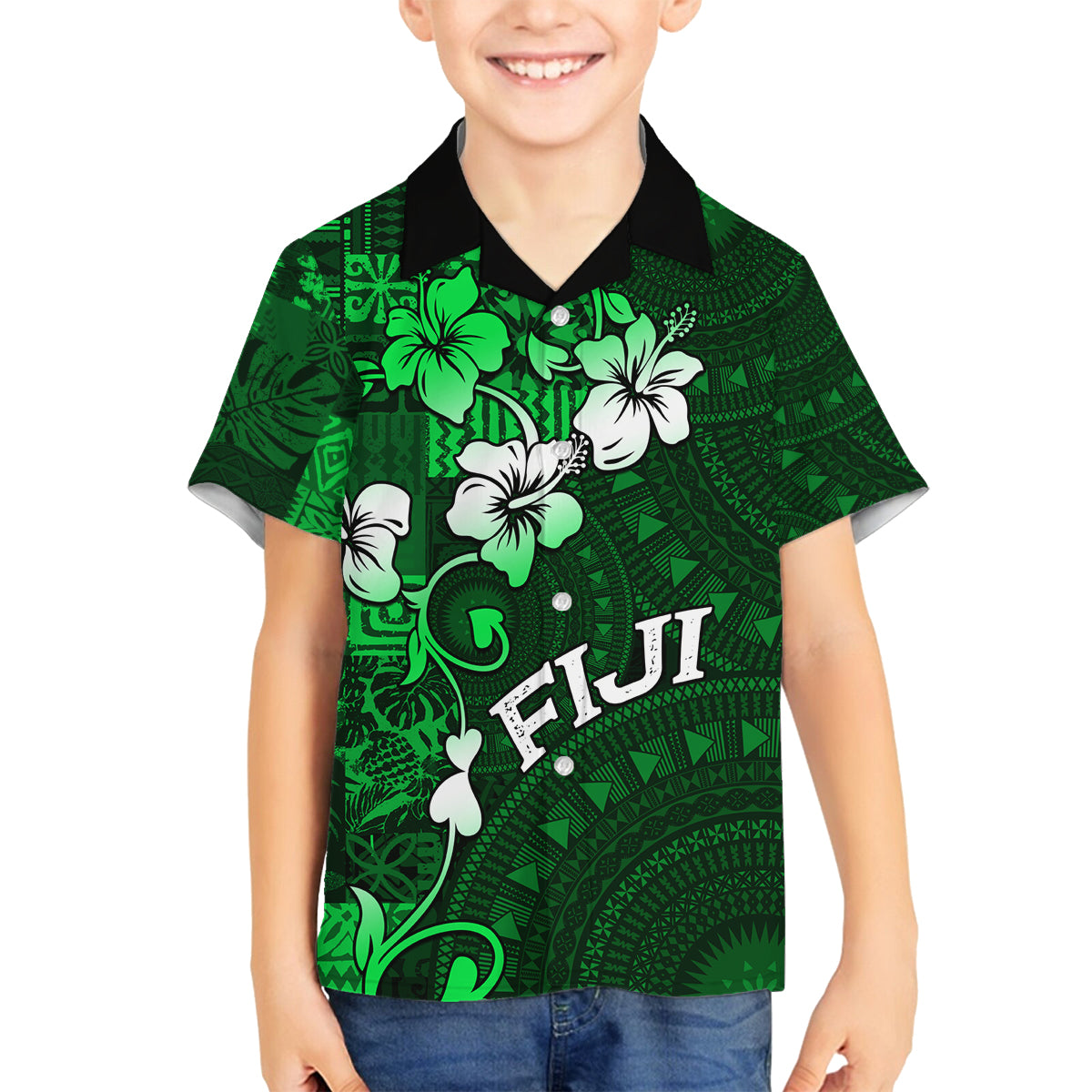 Fiji Masi Family Matching Long Sleeve Bodycon Dress and Hawaiian Shirt Fijian Hibiscus Tapa Green Version LT01 Son's Shirt Green - Polynesian Pride