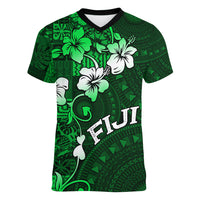 Fiji Masi Women V Neck T Shirt Fijian Hibiscus Tapa Green Version LT01 Female Green - Polynesian Pride