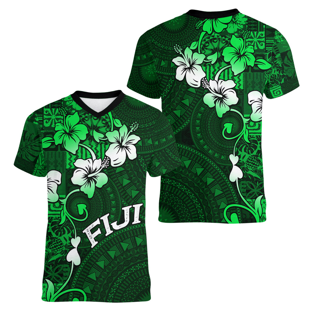 Fiji Masi Women V Neck T Shirt Fijian Hibiscus Tapa Green Version LT01 - Polynesian Pride