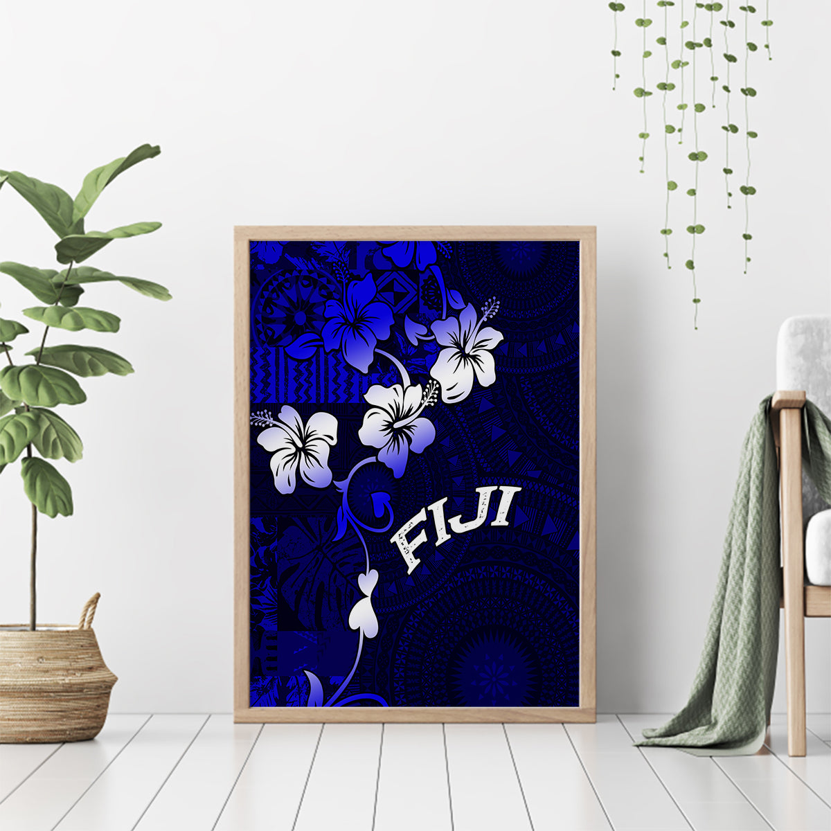 Fiji Masi Canvas Wall Art Fijian Hibiscus Navy Blue Gold Version LT01 - Polynesian Pride