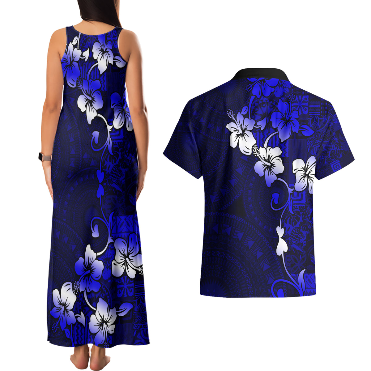 Fiji Masi Couples Matching Tank Maxi Dress and Hawaiian Shirt Fijian Hibiscus Navy Blue Gold Version LT01 - Polynesian Pride