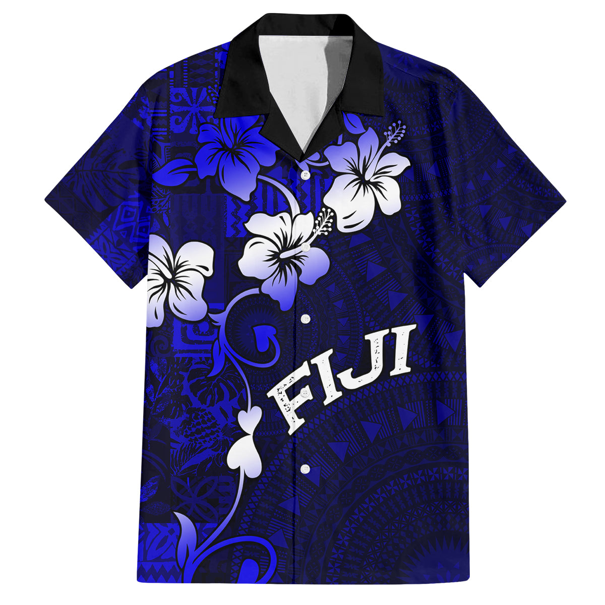Fiji Masi Family Matching Tank Maxi Dress and Hawaiian Shirt Fijian Hibiscus Navy Blue Gold Version LT01 Dad's Shirt - Short Sleeve Blue - Polynesian Pride