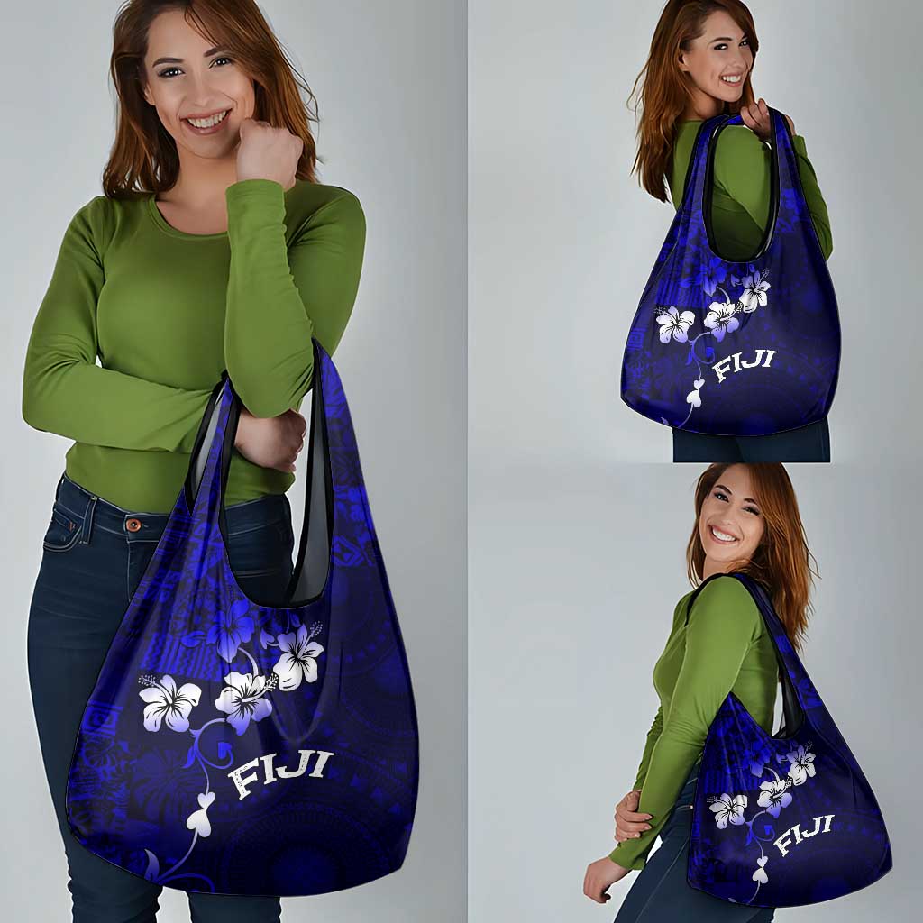 Fiji Masi Grocery Bag Fijian Hibiscus Navy Blue Gold Version