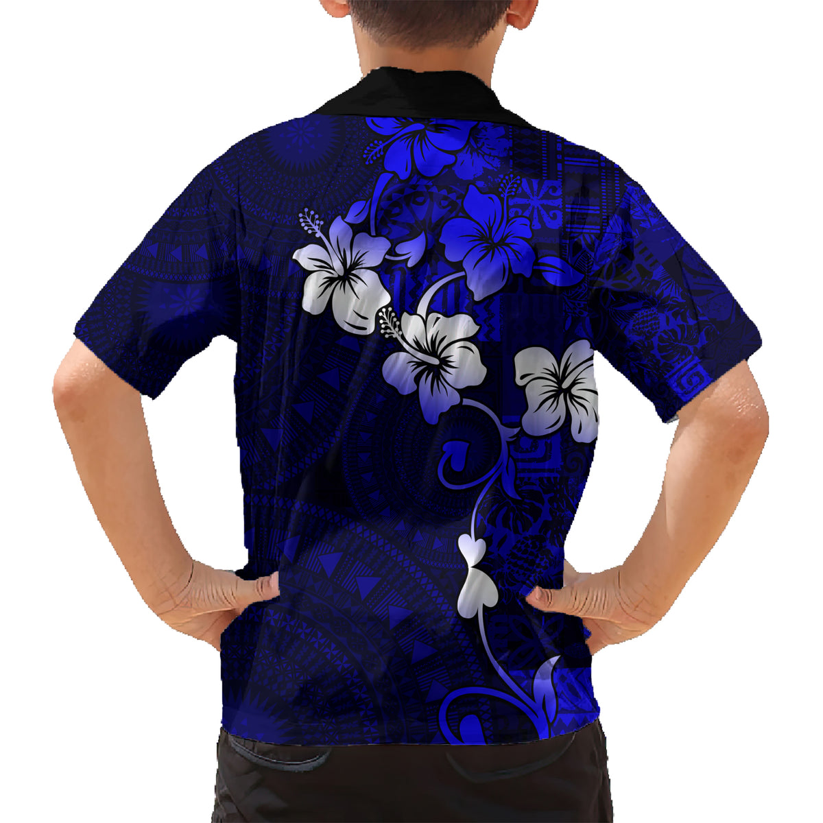 Fiji Masi Kid Hawaiian Shirt Fijian Hibiscus Navy Blue Gold Version LT01 - Polynesian Pride