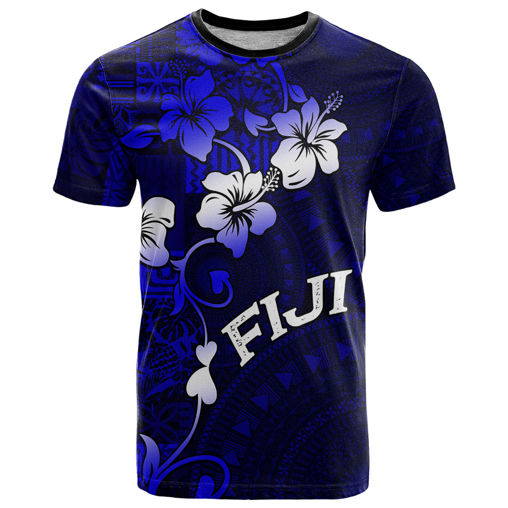 Fiji Masi T Shirt Fijian Hibiscus Navy Blue Gold Version LT01 Blue - Polynesian Pride