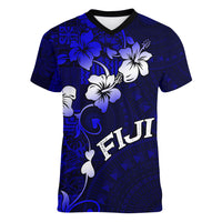 Fiji Masi Women V Neck T Shirt Fijian Hibiscus Navy Blue Gold Version LT01 Female Blue - Polynesian Pride