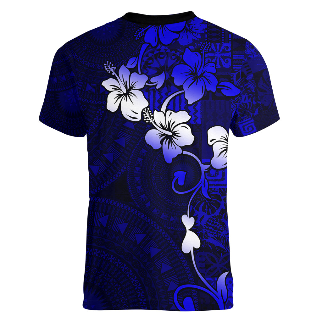Fiji Masi Women V Neck T Shirt Fijian Hibiscus Navy Blue Gold Version LT01 - Polynesian Pride