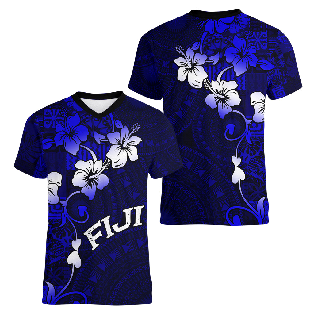 Fiji Masi Women V Neck T Shirt Fijian Hibiscus Navy Blue Gold Version LT01 - Polynesian Pride
