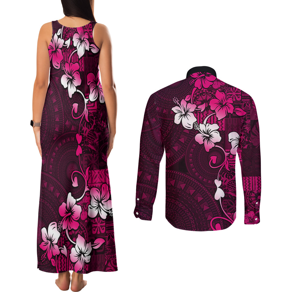 Fiji Masi Couples Matching Tank Maxi Dress and Long Sleeve Button Shirt Fijian Hibiscus Tapa Pink Version LT01 - Polynesian Pride