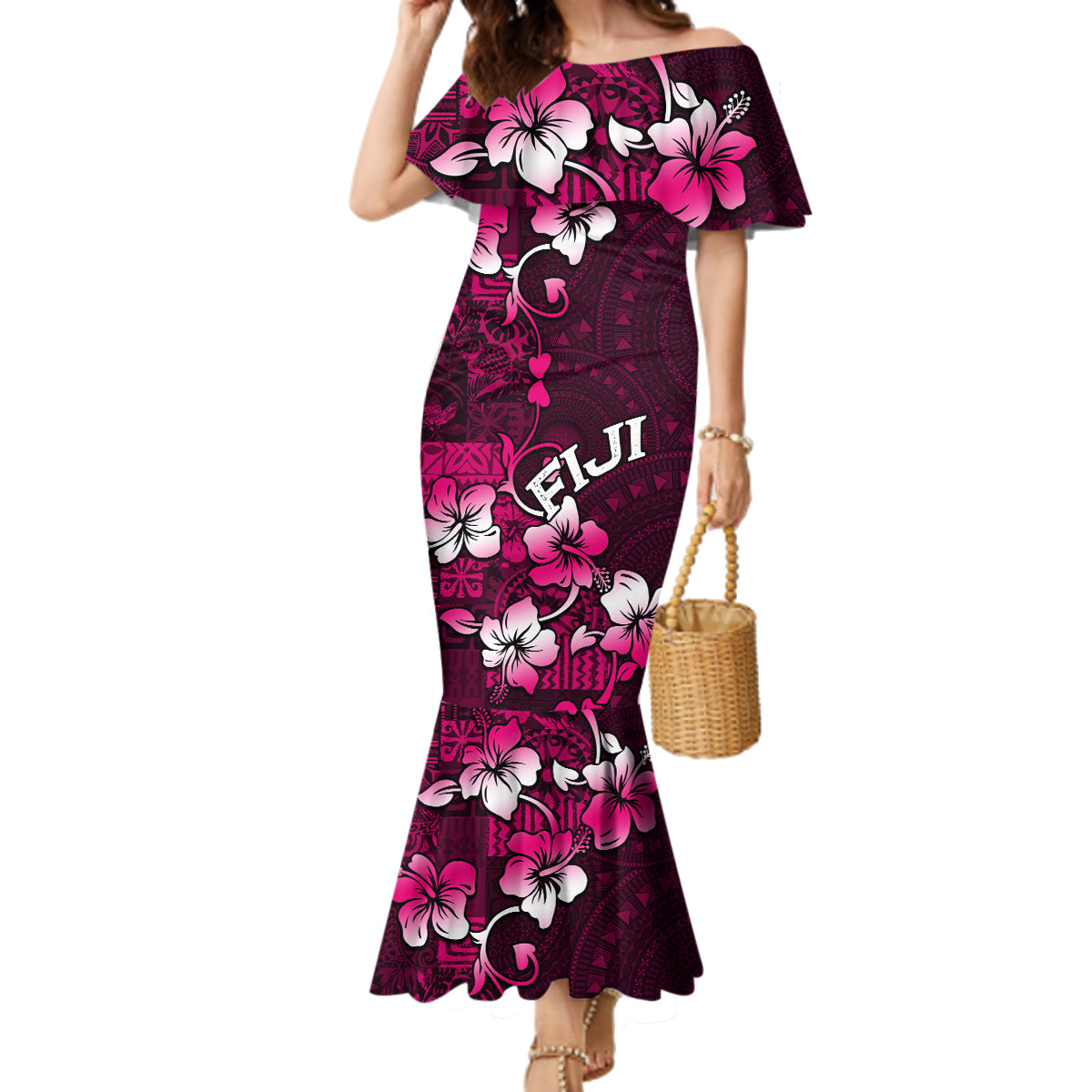 Fiji Masi Family Matching Mermaid Dress and Hawaiian Shirt Fijian Hibiscus Tapa Pink Version LT01 Mom's Dress Pink - Polynesian Pride