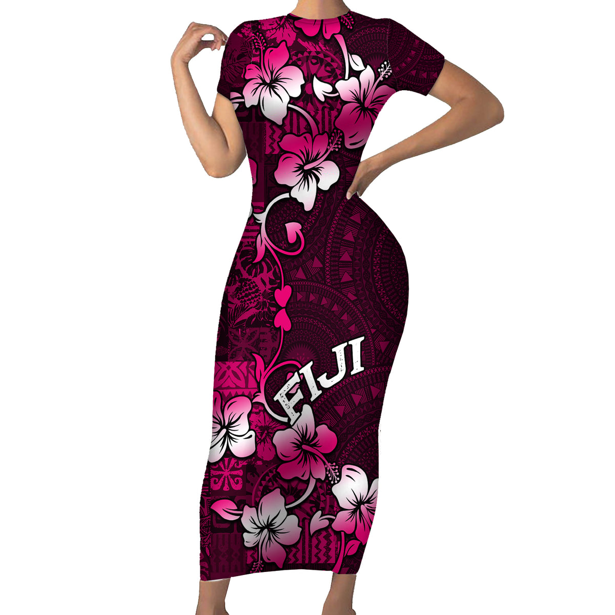 Fiji Masi Family Matching Short Sleeve Bodycon Dress and Hawaiian Shirt Fijian Hibiscus Tapa Pink Version LT01 Mom's Dress Pink - Polynesian Pride