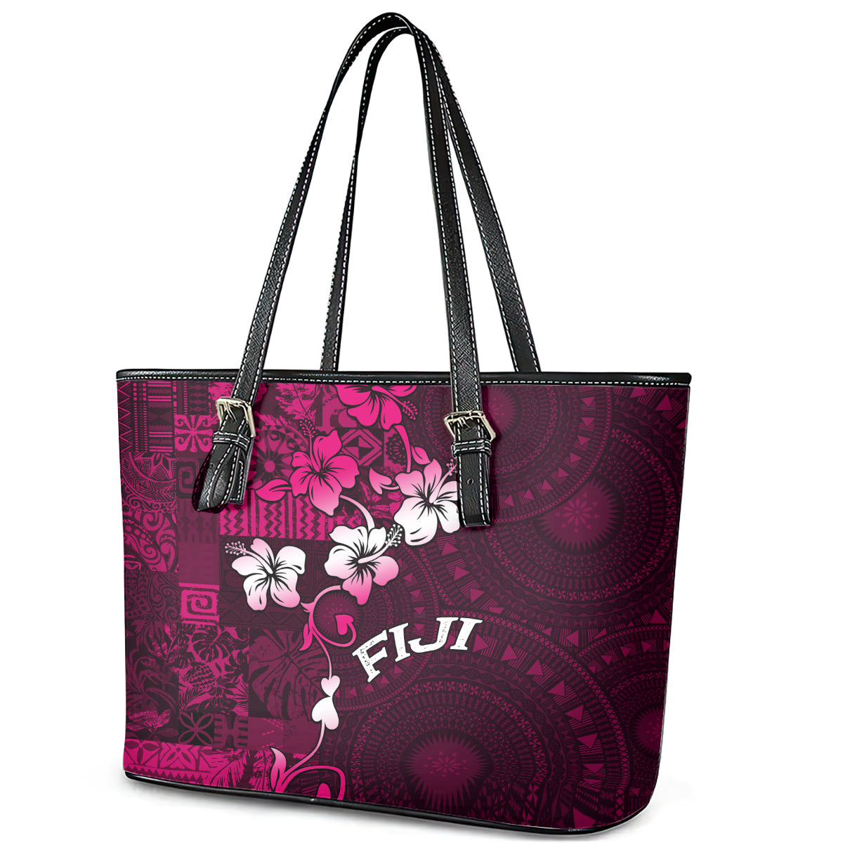 Fiji Masi Leather Tote Bag Fijian Hibiscus Tapa Pink Version LT01 - Polynesian Pride