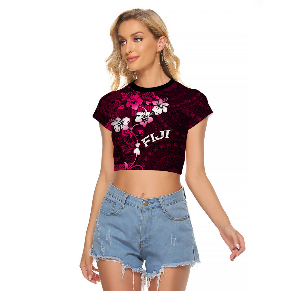 Fiji Masi Raglan Cropped T Shirt Fijian Hibiscus Tapa Pink Version LT01 Female Pink - Polynesian Pride