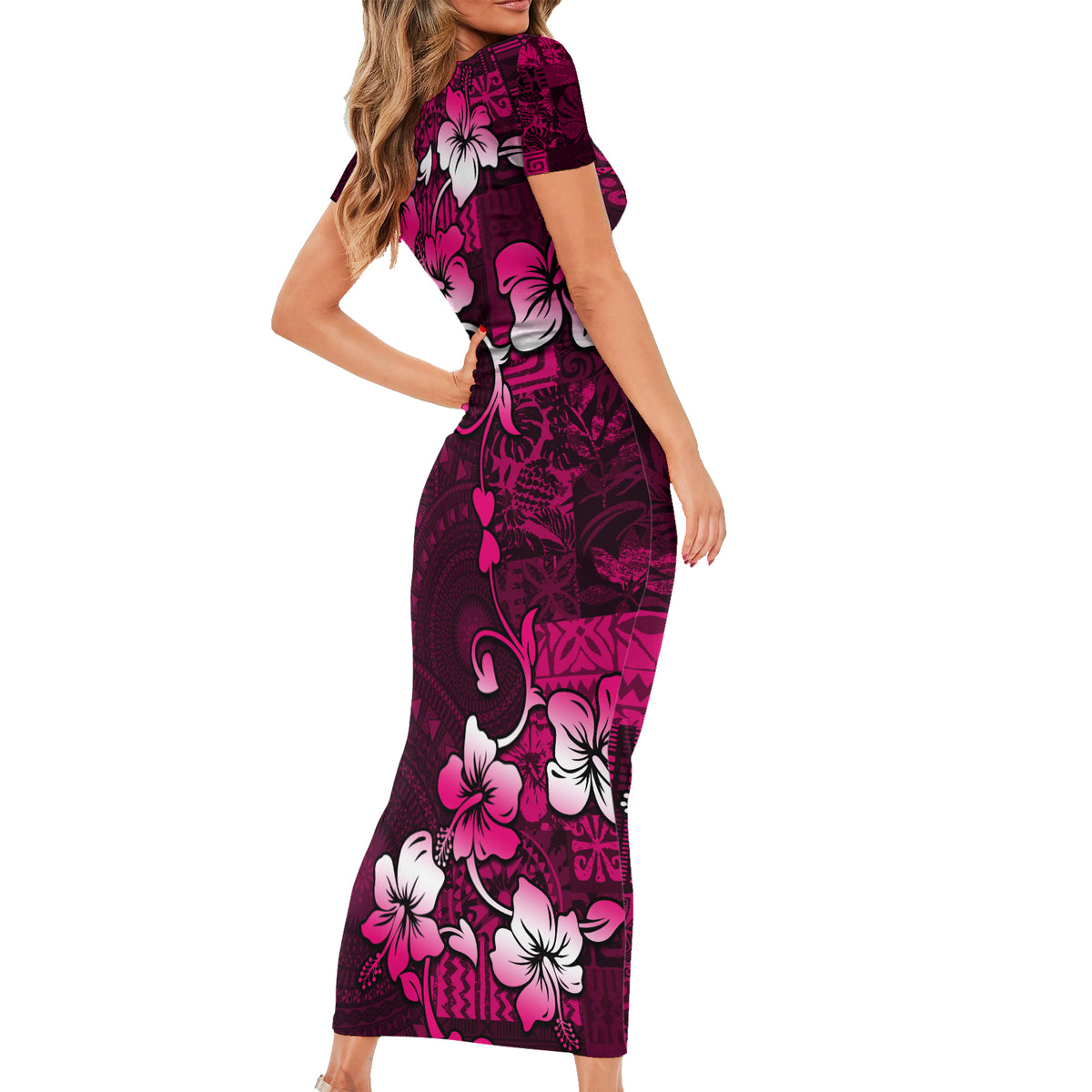 Fiji Masi Short Sleeve Bodycon Dress Fijian Hibiscus Tapa Pink Version LT01 - Polynesian Pride