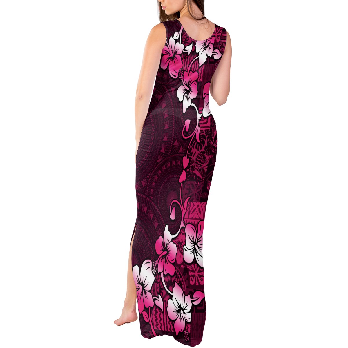 Fiji Masi Tank Maxi Dress Fijian Hibiscus Tapa Pink Version LT01 - Polynesian Pride