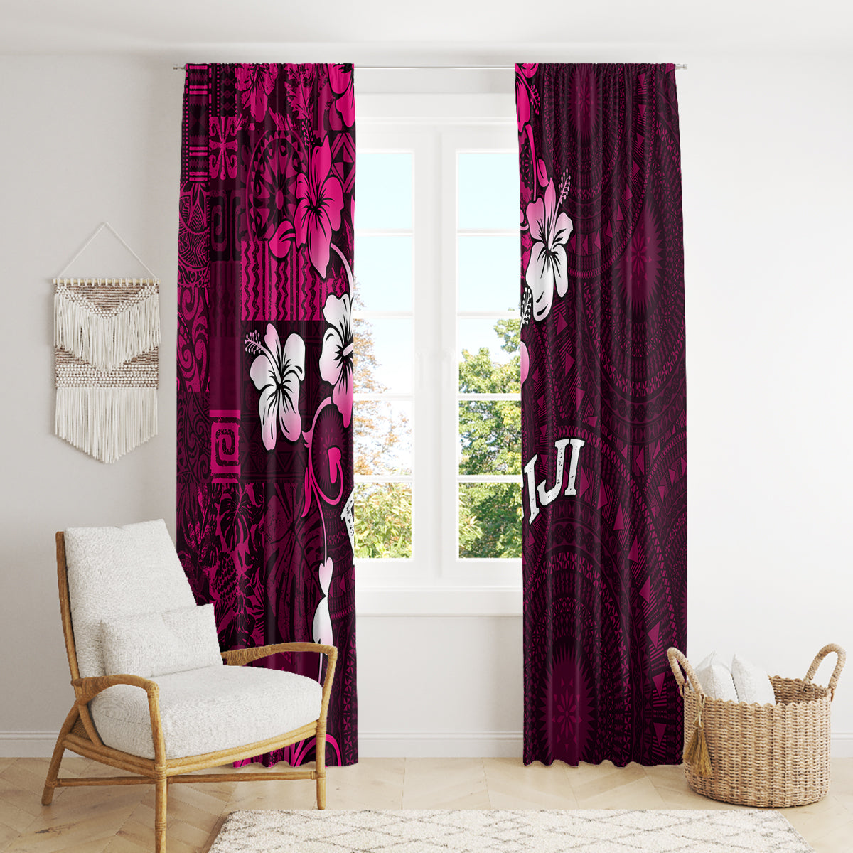 Fiji Masi Window Curtain Fijian Hibiscus Tapa Pink Version LT01 - Polynesian Pride
