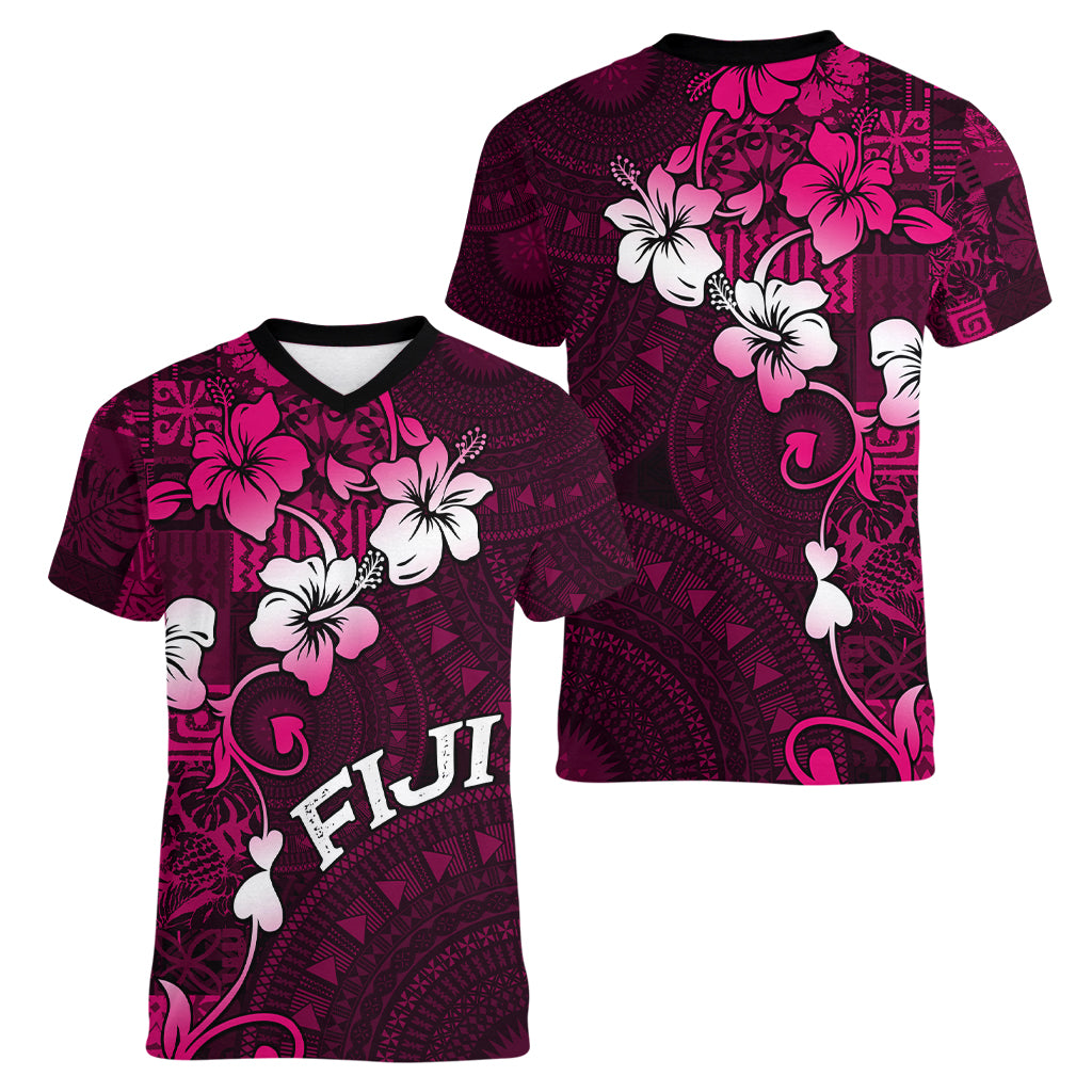 Fiji Masi Women V Neck T Shirt Fijian Hibiscus Tapa Pink Version LT01 - Polynesian Pride