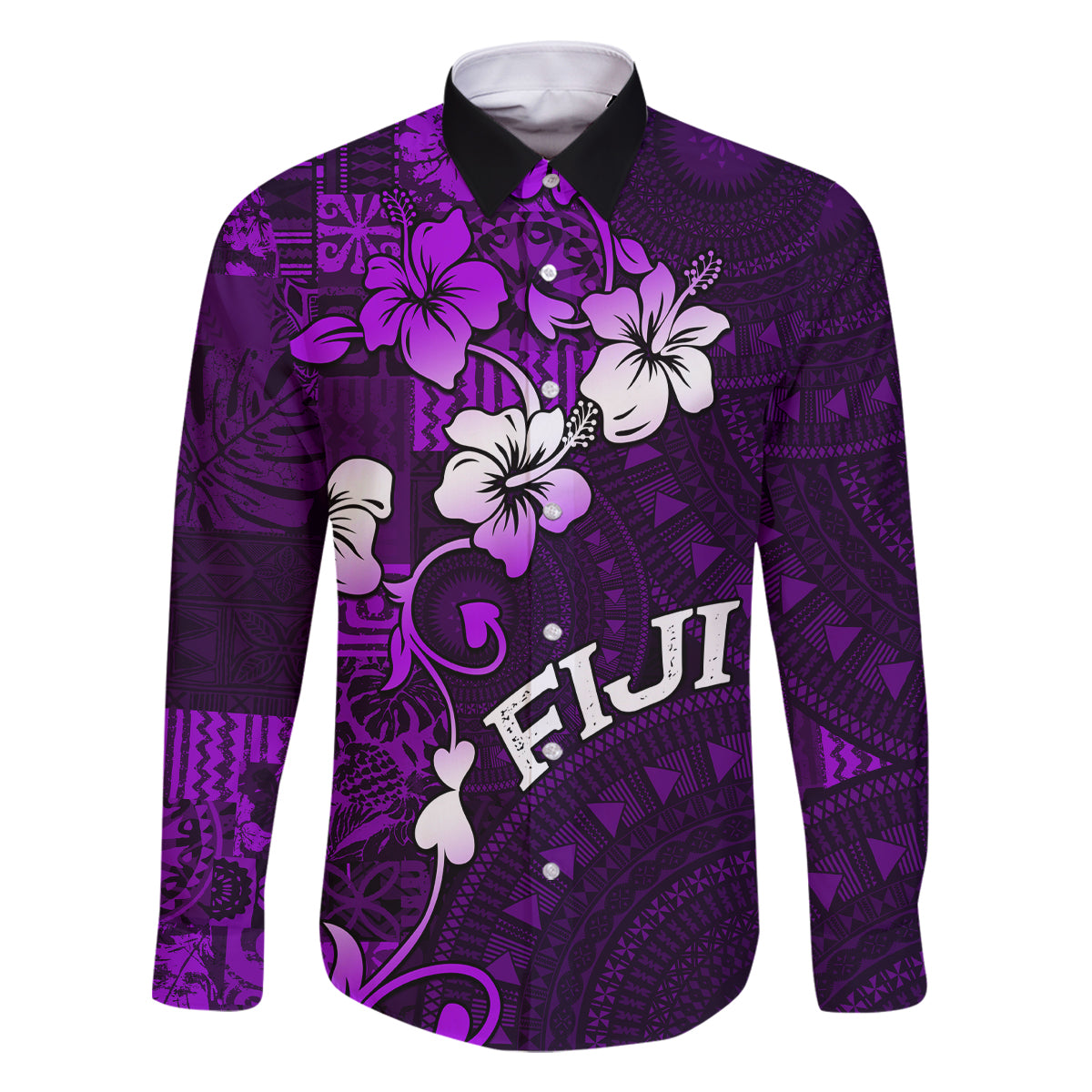 Fiji Masi Family Matching Mermaid Dress and Hawaiian Shirt Fijian Hibiscus Tapa Purple Version LT01 Dad's Shirt - Long Sleeve Purple - Polynesian Pride