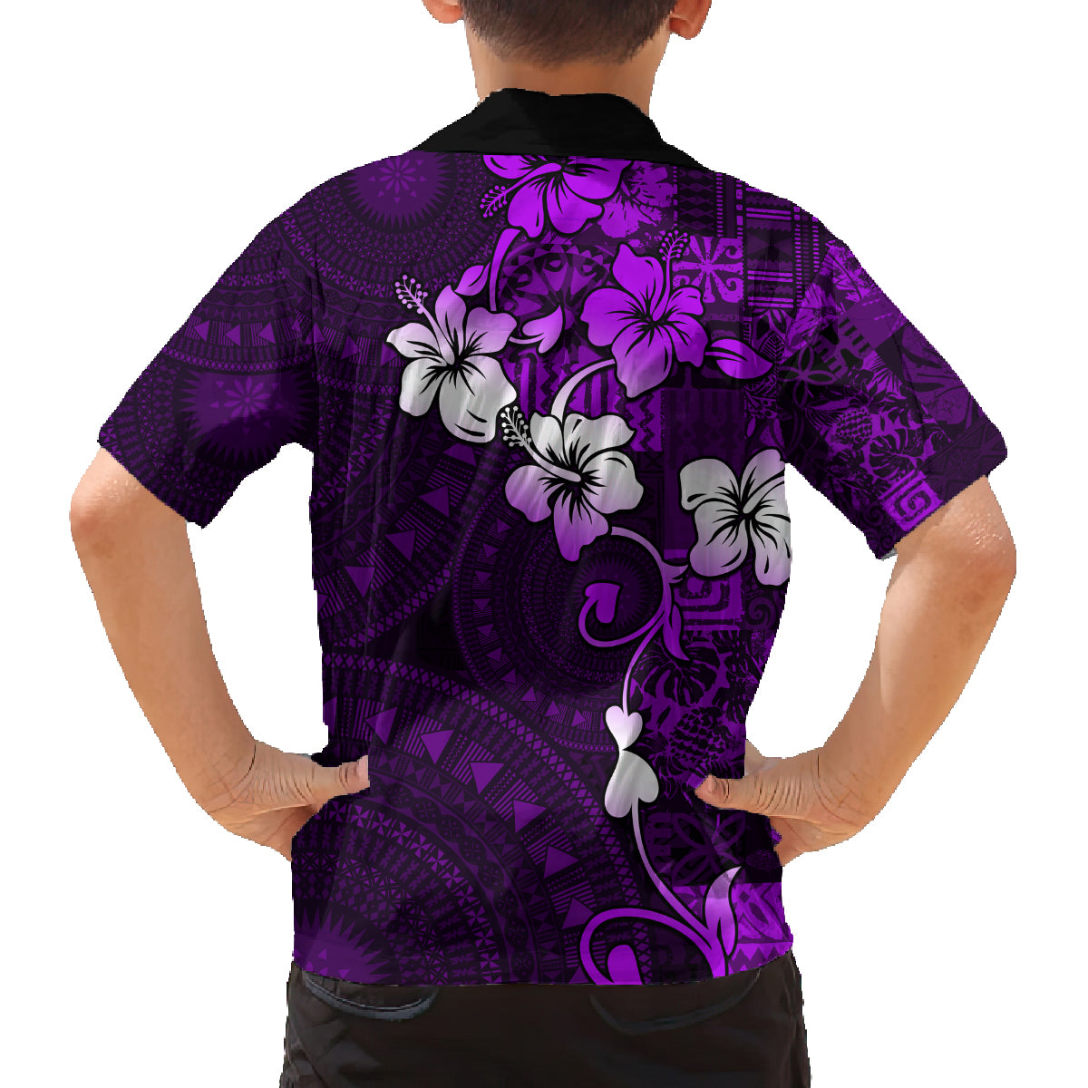 Fiji Masi Family Matching Off Shoulder Long Sleeve Dress and Hawaiian Shirt Fijian Hibiscus Tapa Purple Version LT01 - Polynesian Pride