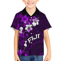 Fiji Masi Family Matching Off Shoulder Long Sleeve Dress and Hawaiian Shirt Fijian Hibiscus Tapa Purple Version LT01 Son's Shirt Purple - Polynesian Pride