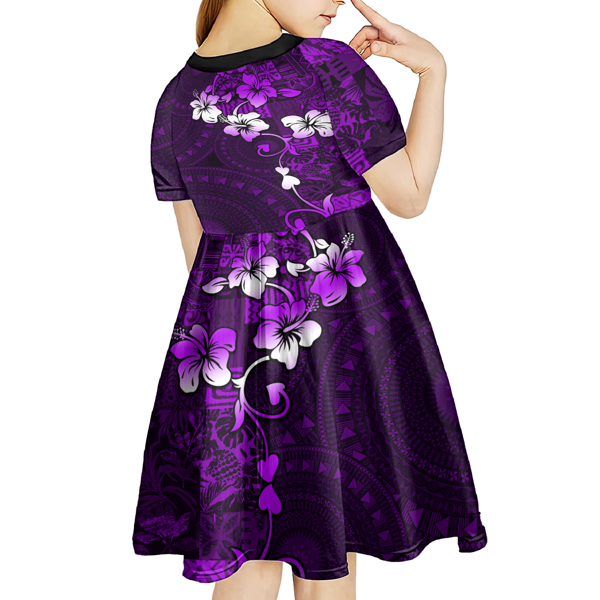 Fiji Masi Kid Short Sleeve Dress Fijian Hibiscus Tapa Purple Version LT01 - Polynesian Pride