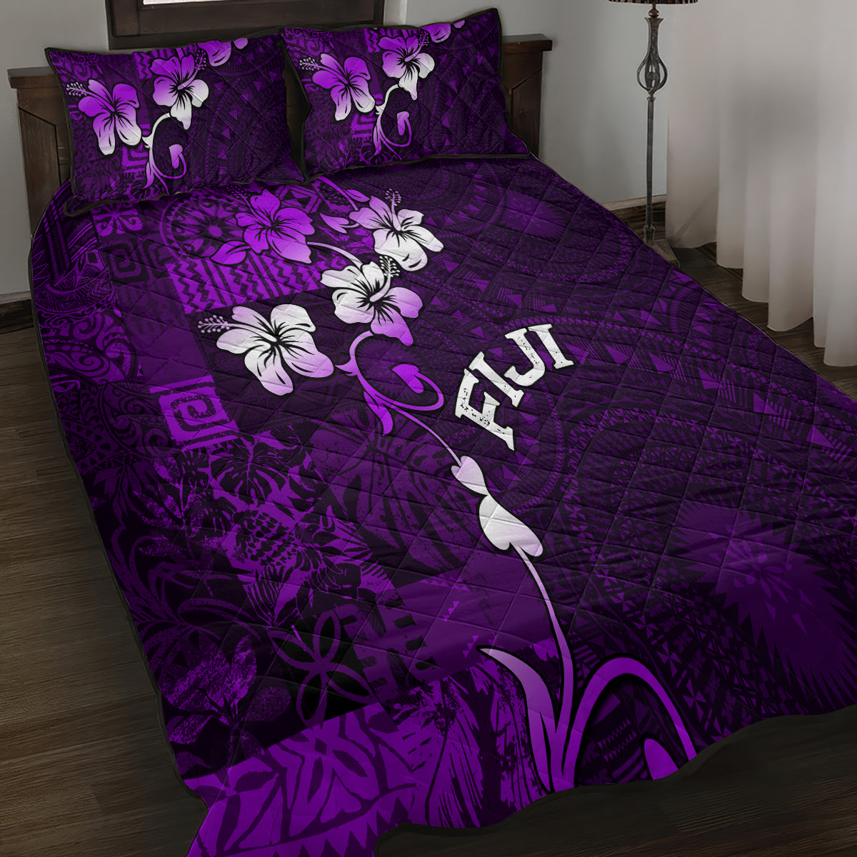Fiji Masi Quilt Bed Set Fijian Hibiscus Tapa Purple Version LT01 - Polynesian Pride