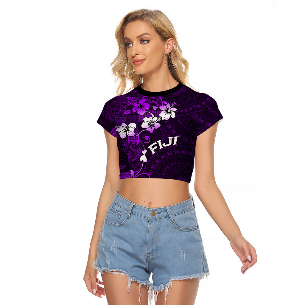 Fiji Masi Raglan Cropped T Shirt Fijian Hibiscus Tapa Purple Version LT01 Female Purple - Polynesian Pride